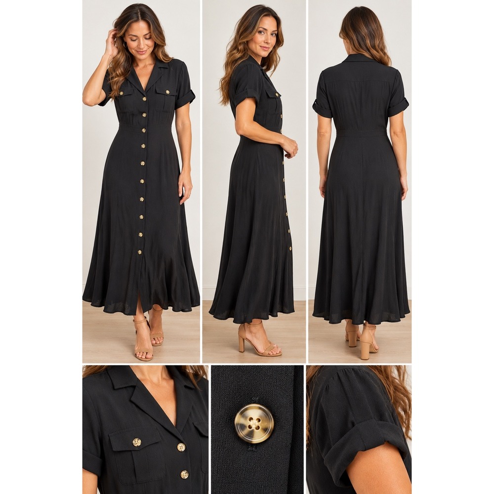 J.Crew Short Sleeve Midi Shirtdress Black Button Front BA920 Size 10 NEW